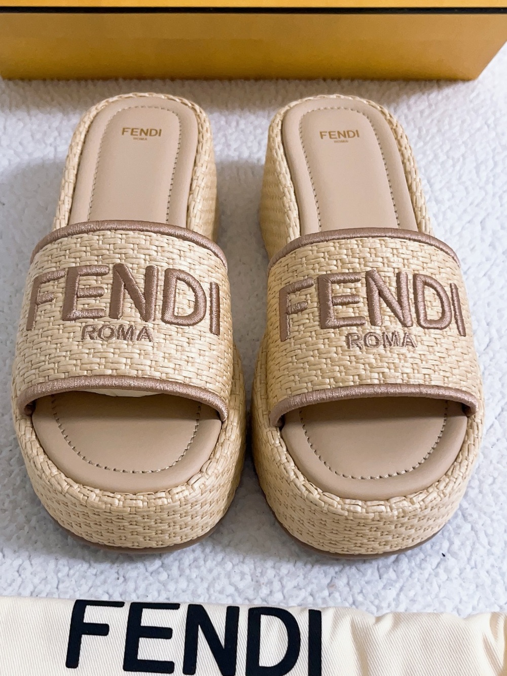 Fendi Sunshine Raffia Platform Slide Sandals